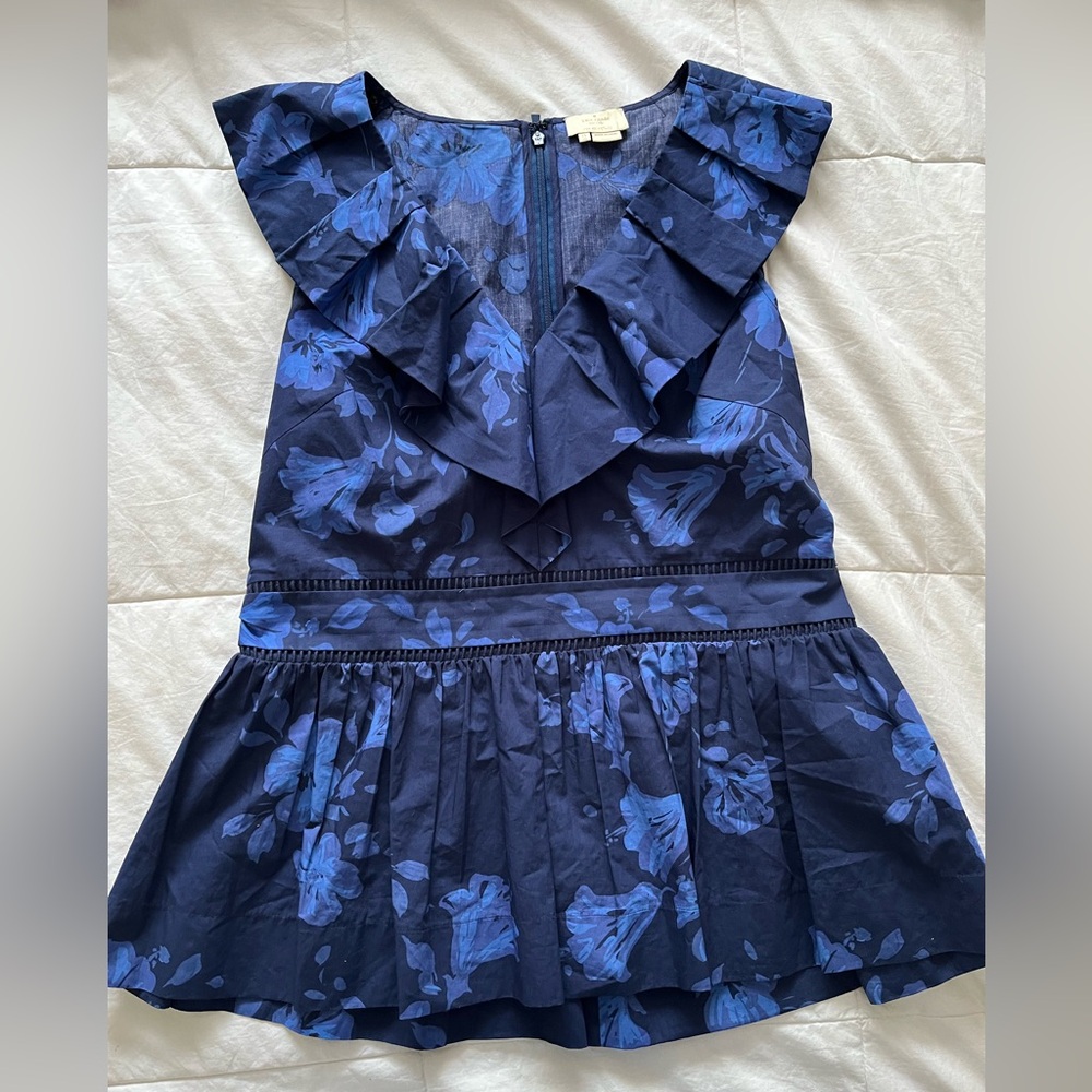 Kate Spade Tropical Hibiscus Ruffle Neck blue top blouse  size 12